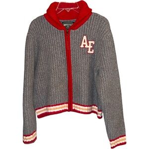 American Eagle Cropped Varsity Zip Up Letterman Cardigan Sweater Jacket Large
